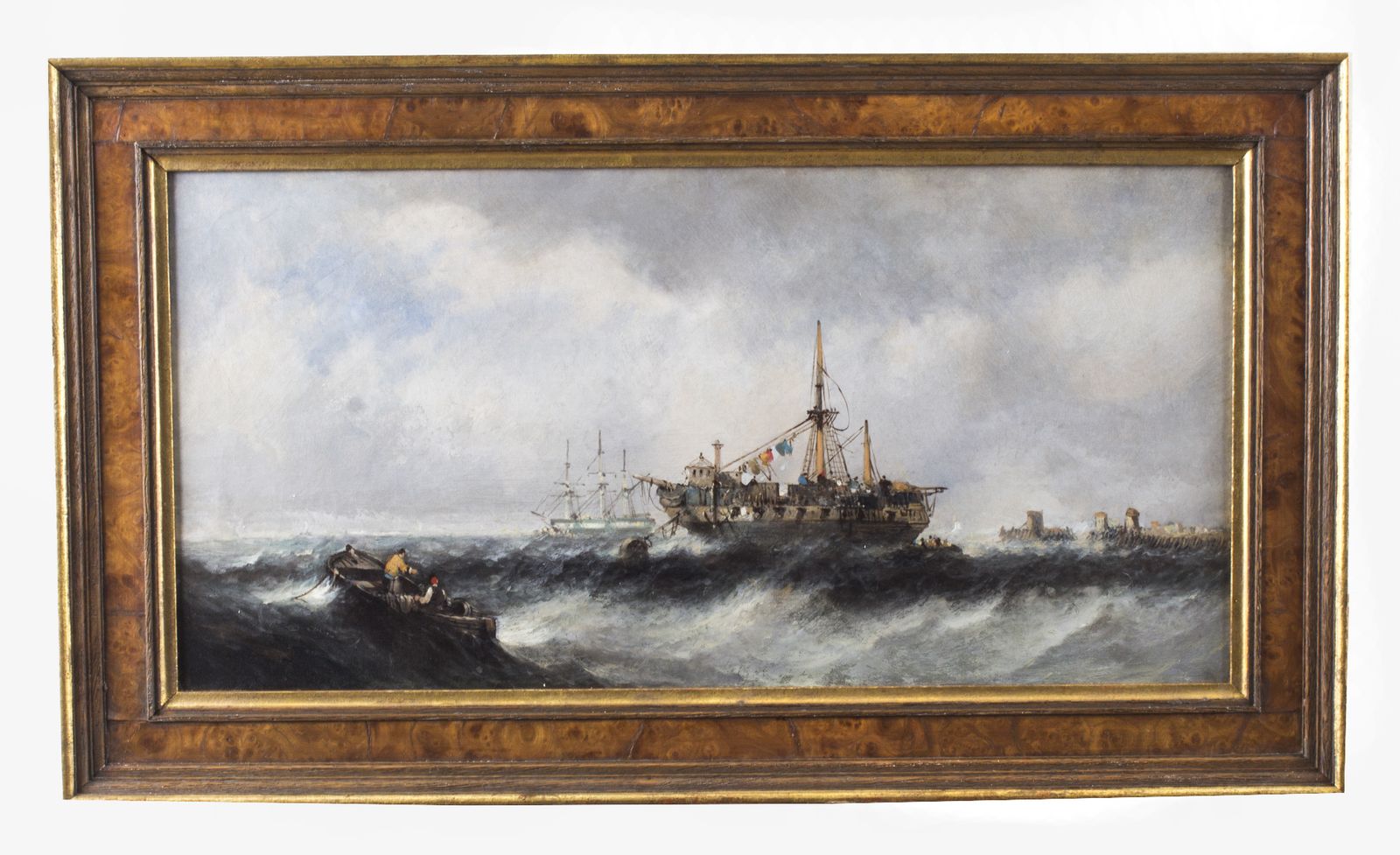 Antique Pair Seascape Oil Paintings Fishing Boats 19th Century photo furniture