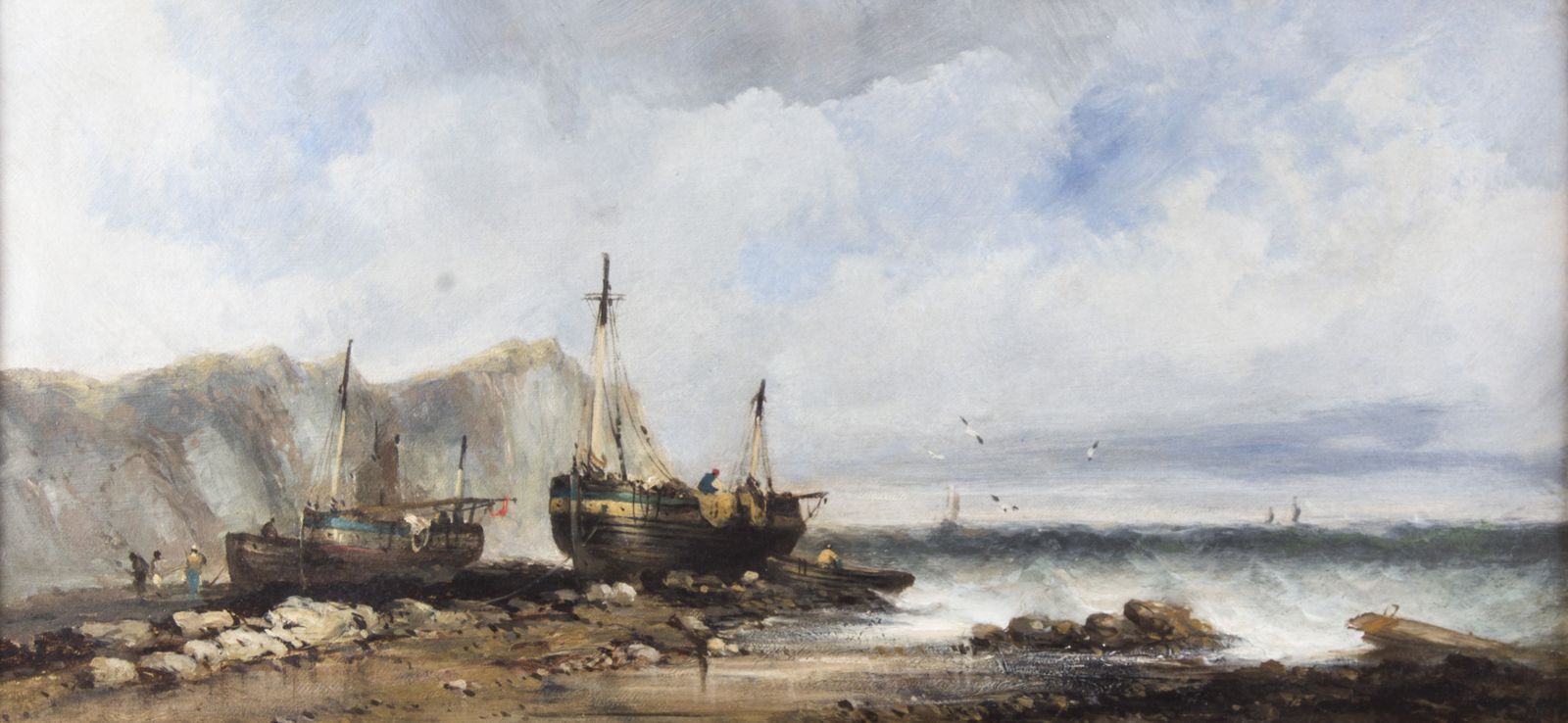 photo for sale Antique Pair Seascape Oil Paintings Fishing Boats 19th Century