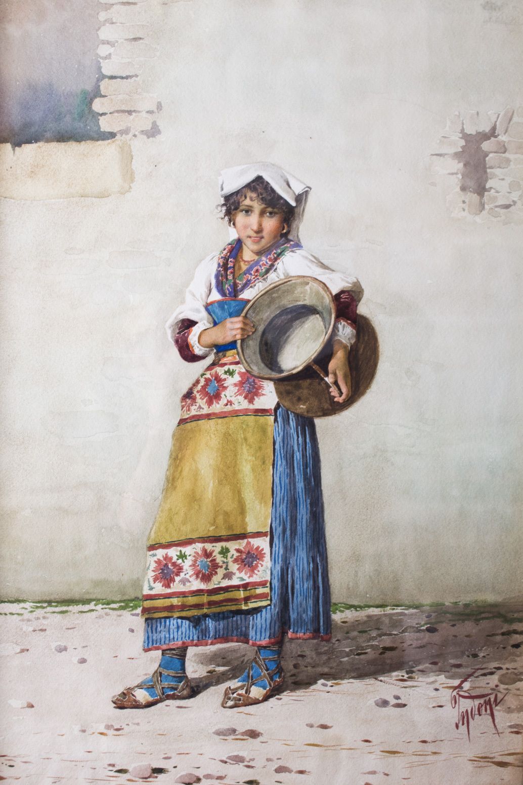 Antique Watercolour 'The Water Carrier' Filipo Indoni 19th Century photo furniture