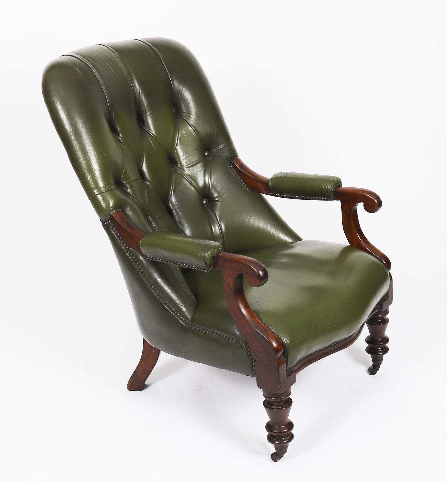 Furniture Pair Victorian His & Hers Green Leather Armchairs 19th C photo