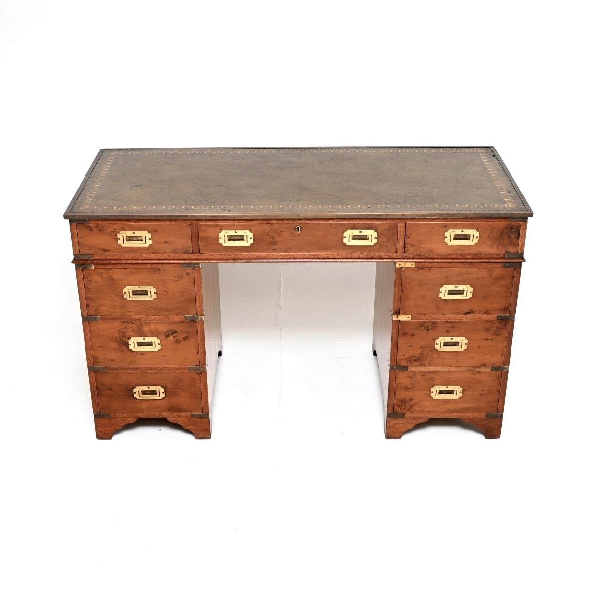 Antique Yew Wood Military Campaign Style Pedestal Desk photo furniture
