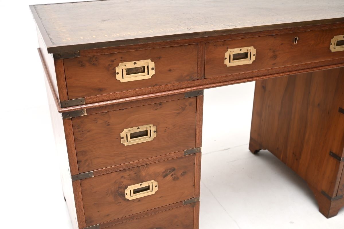 Antique Yew Wood Military Campaign Style Pedestal Desk photo for sale