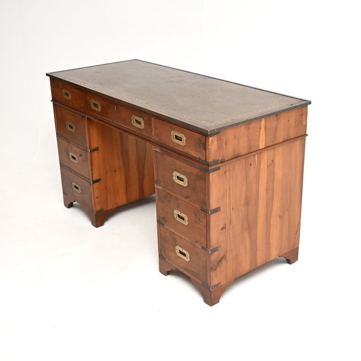 Antique Yew Wood Military Campaign Style Pedestal Desk photo buy