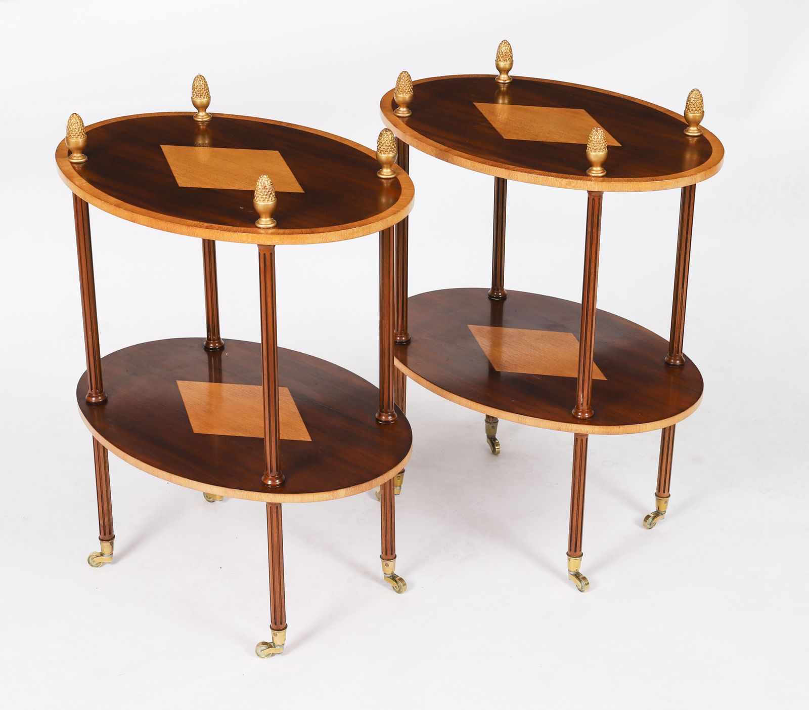 Vintage Pair Flame Mahogany & Satin Wood Etagere Occasional Tables 20th C photo furniture