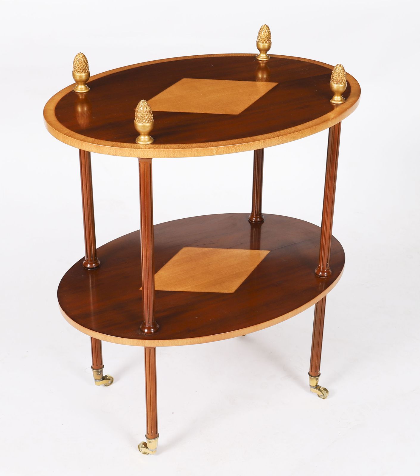 photo furniture Vintage Pair Flame Mahogany & Satin Wood Etagere Occasional Tables 20th C
