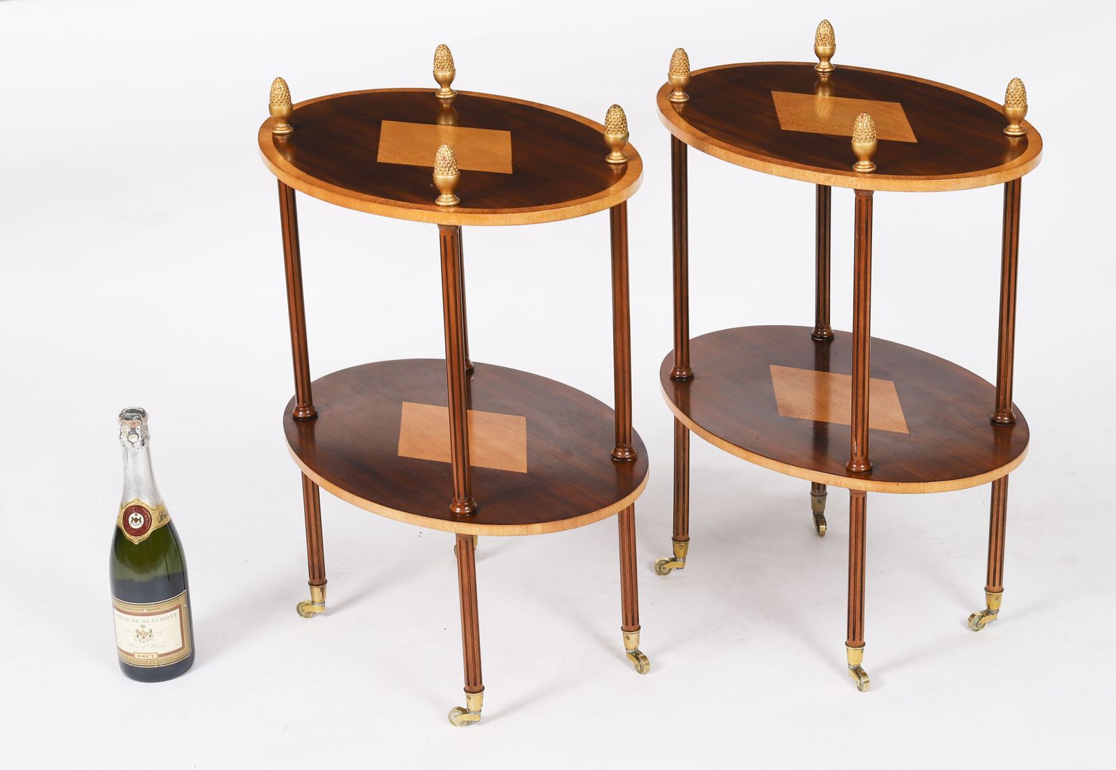 photo vinterior Vintage Pair Flame Mahogany & Satin Wood Etagere Occasional Tables 20th C