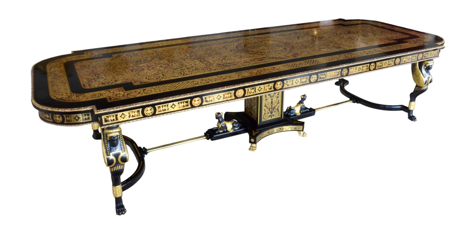 Vintage 12ft 6" Ebonised Cut Brass Boulle Dining Conference Table  20th C