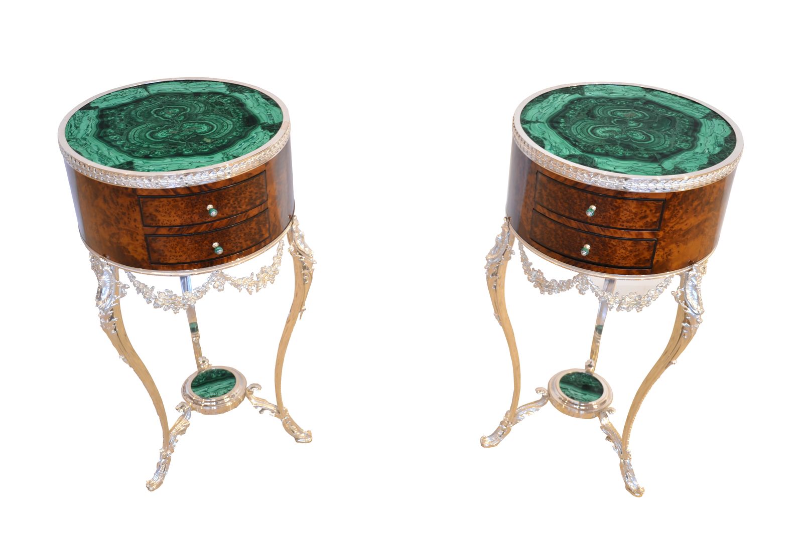 Antique Pair French Thuya Malachite & Silvered Bronze Occasional Tables 20th C