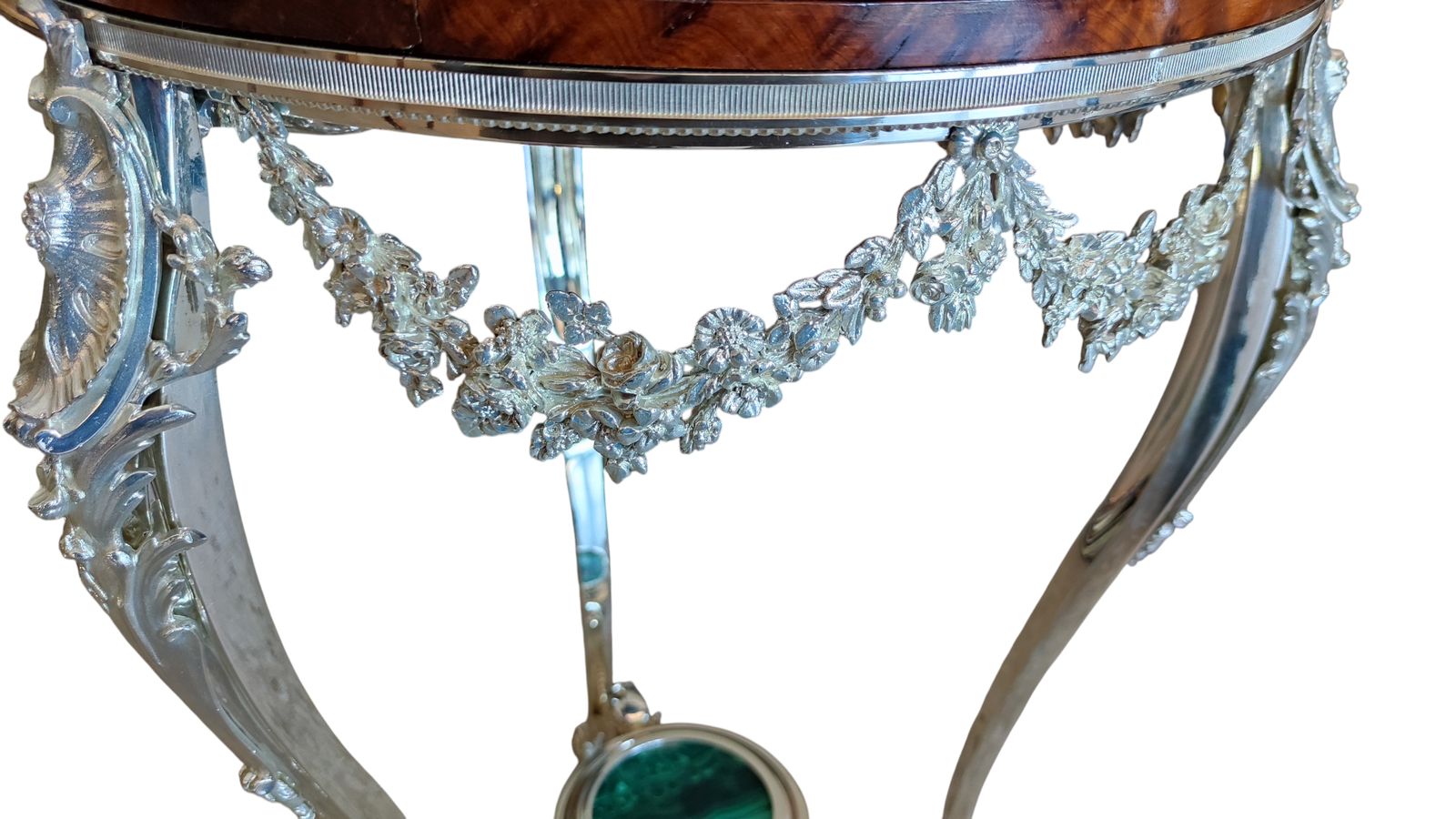 photo furniture Antique Pair French Thuya Malachite & Silvered Bronze Occasional Tables 20th C