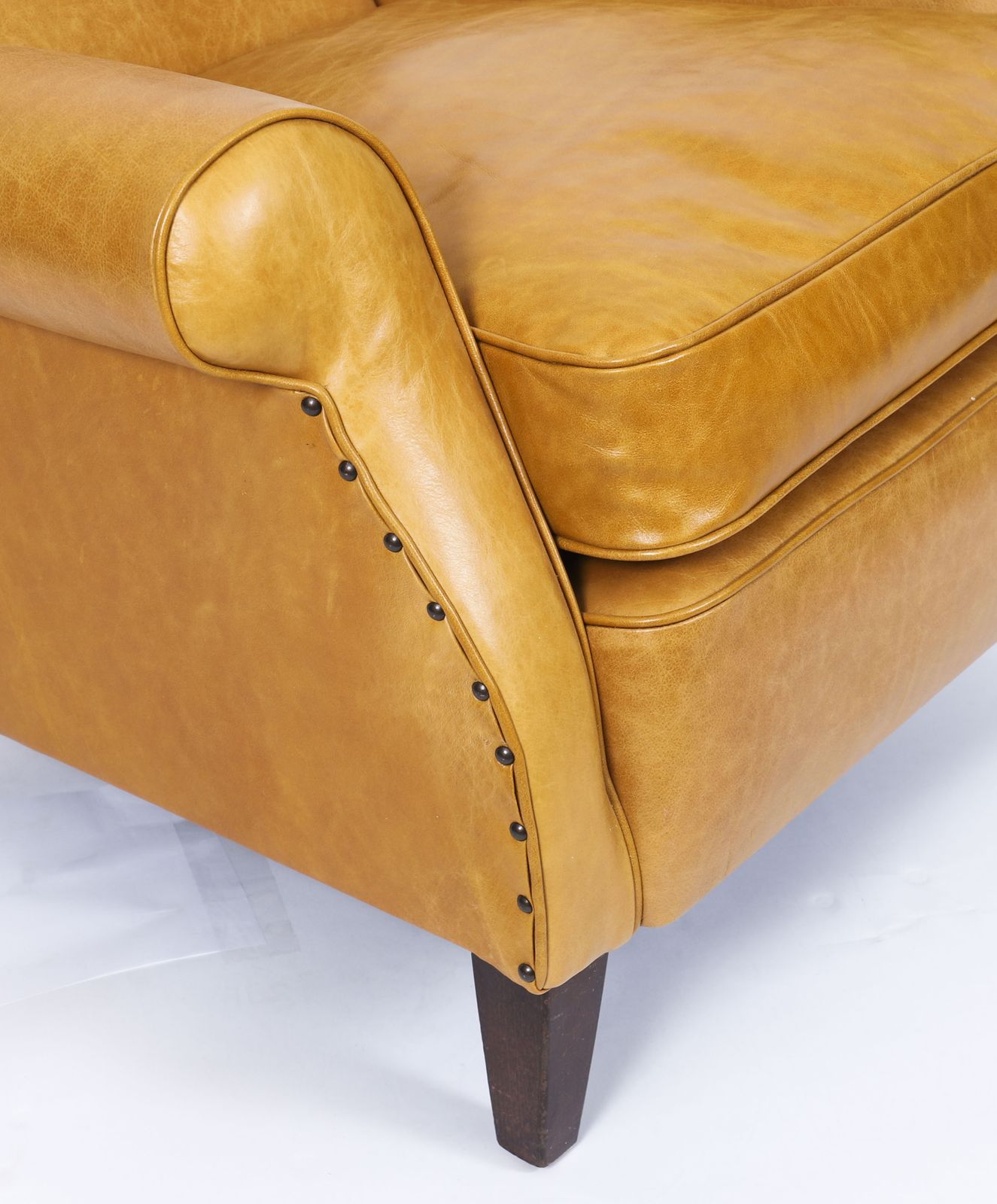 photo furniture English Art Deco Club Leather Armchair Caramel Tan, Circa 1930