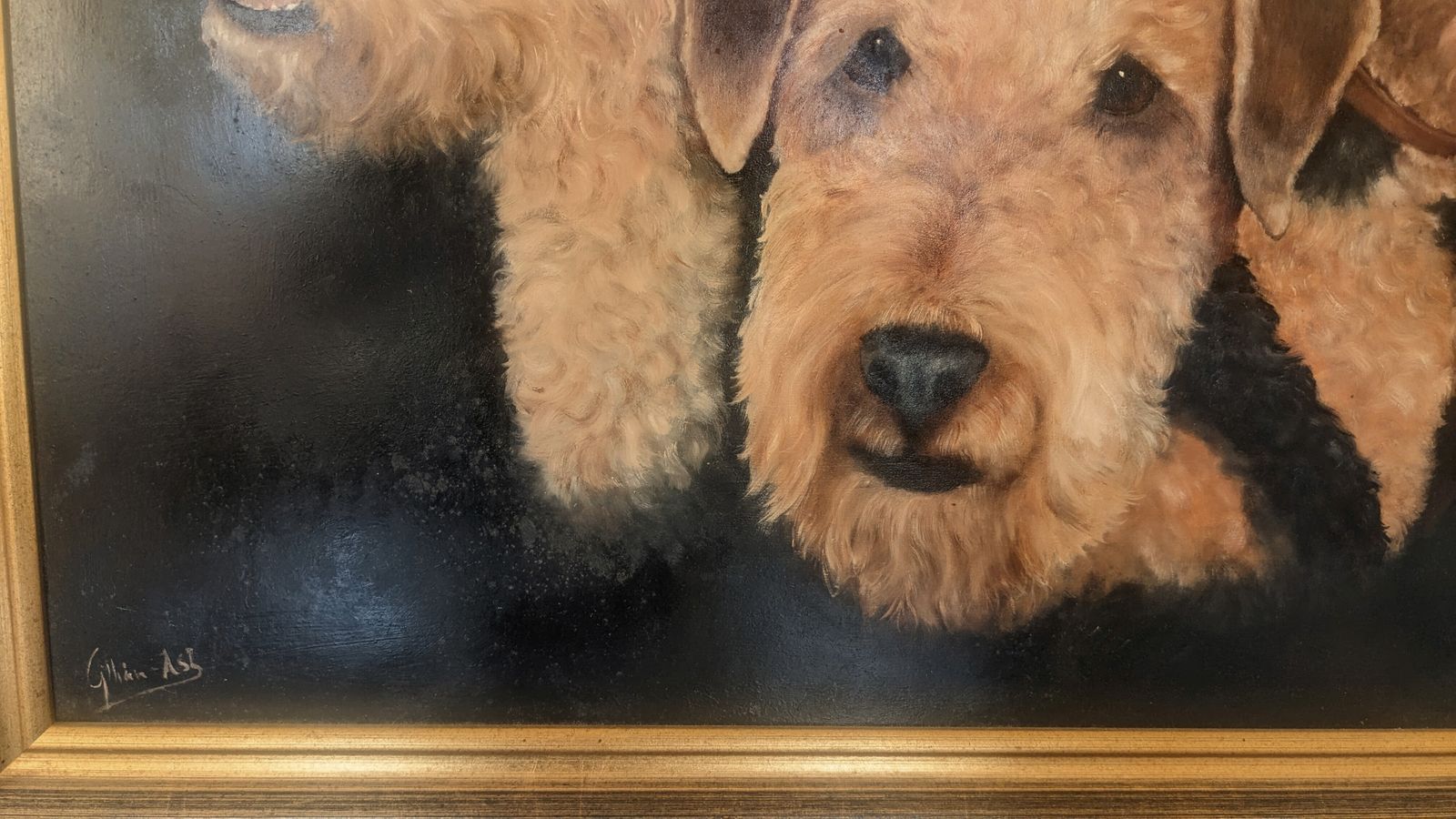 Oil Painting On Panel Of 3 Airedales, Signed Gillian Ash photo for sale