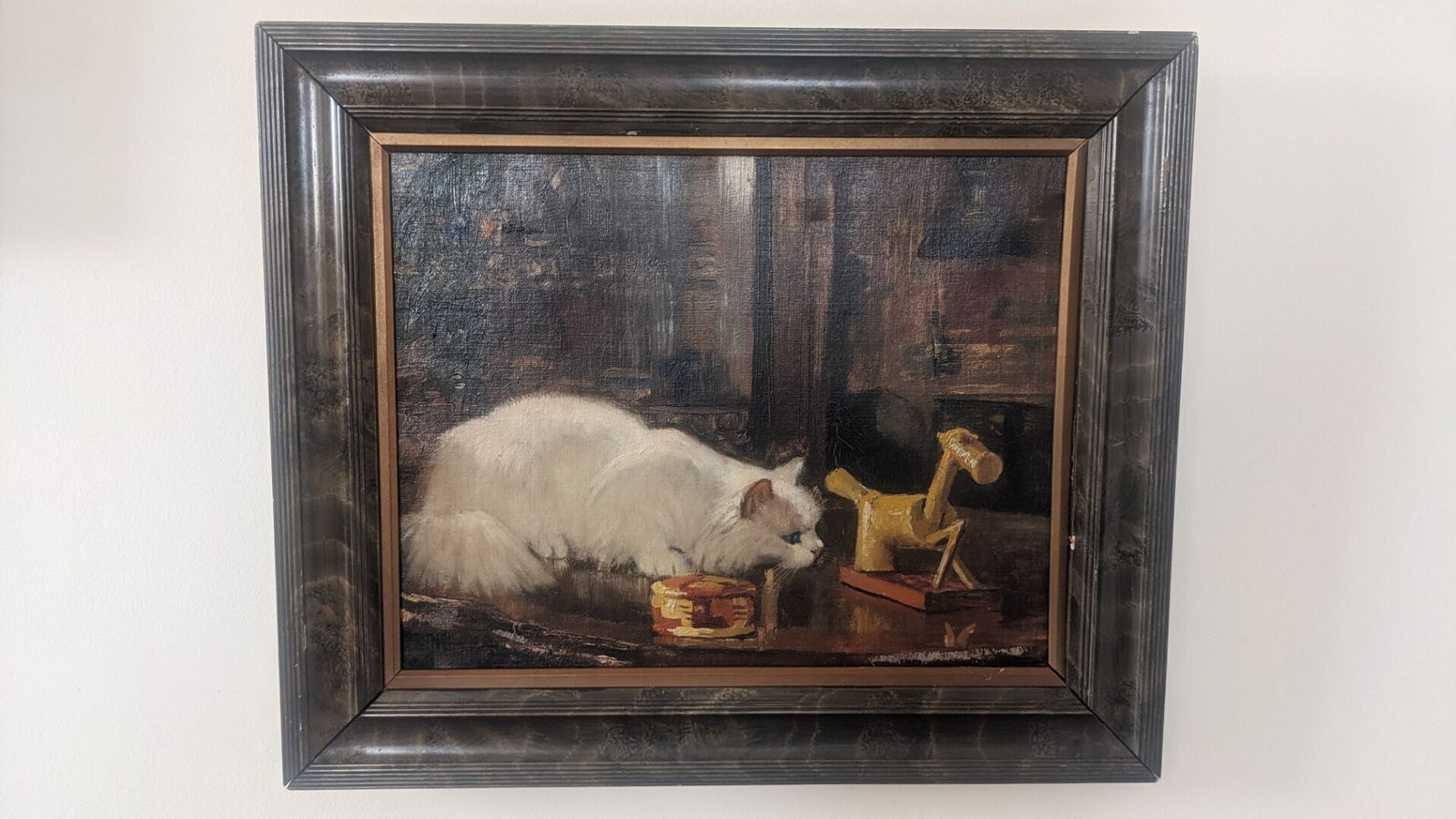 Antique Oil Painting Of A Cat Playing In A Fascinating Setting.