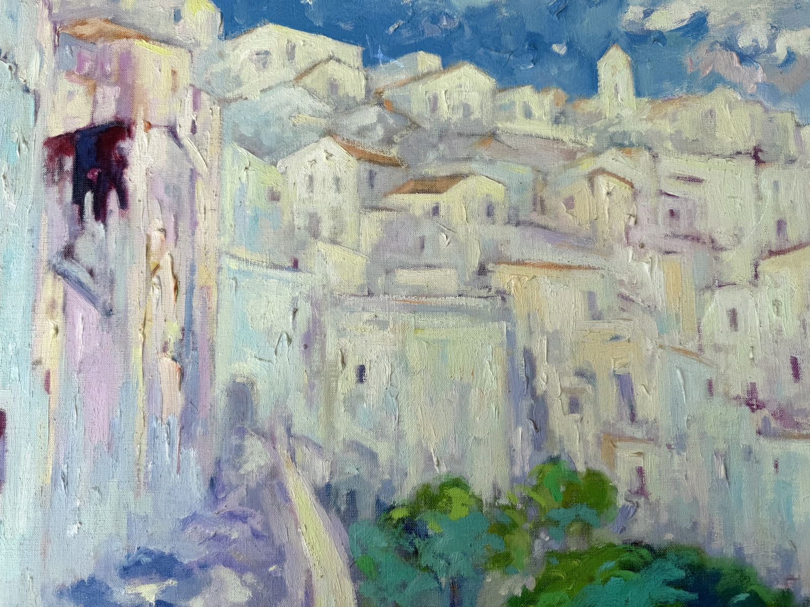 Paysage expressionniste de village méditerranéen perché, Valeri Farras, École catalane, années 1990 photo buy