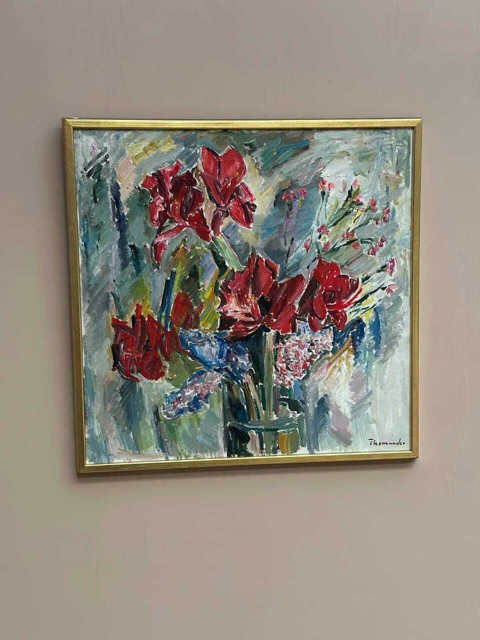 Original Swedish Oil On Canvas – “Amaryllis And Hyacinths” By Harry Thomander – Vintage & Framed – 64 × 65 Cm (25.2" × 25.6")