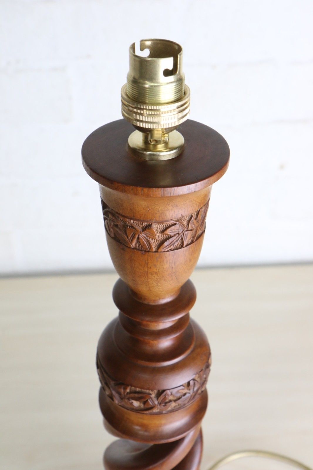 Table Lamp A Vintage Carved Wooden Open Barley Twist Lamp Decorated North India photo vintage