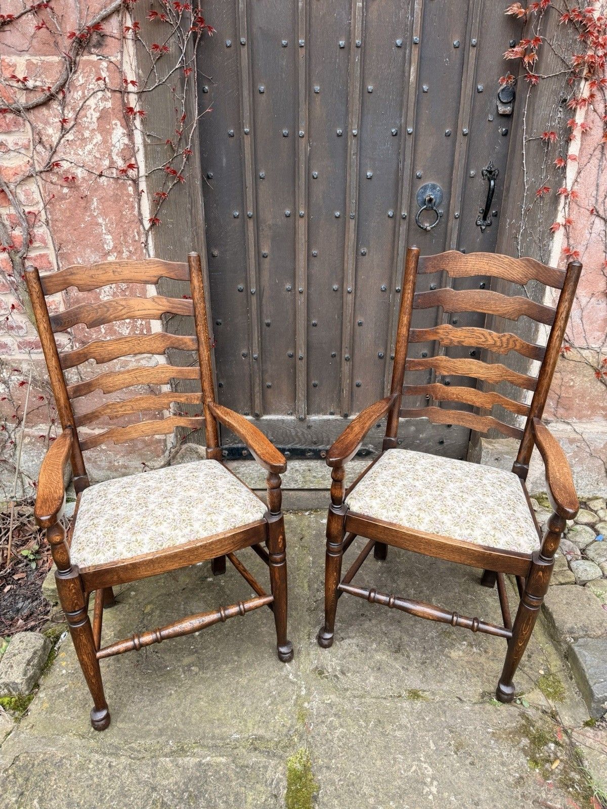 Set  6  Vintage Oak Ladder Back Rustic Farmhouse Dining Chairs W/ Elbow Chairs photo Furniture