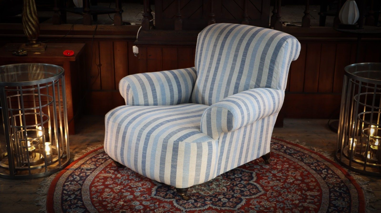 Howard And Sons Club Style Armchair Colefax And Fowler Linen Stripes Blue White photo vintage