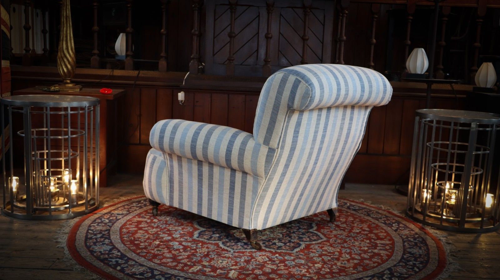 photo vinterior Howard And Sons Club Style Armchair Colefax And Fowler Linen Stripes Blue White