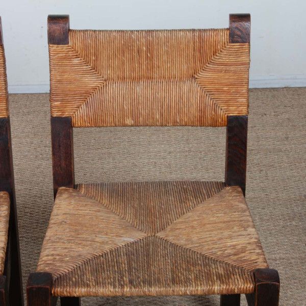 Set Of 4 Solid Wood Straw Seated Chairs, French Work, 1940 photo for sale