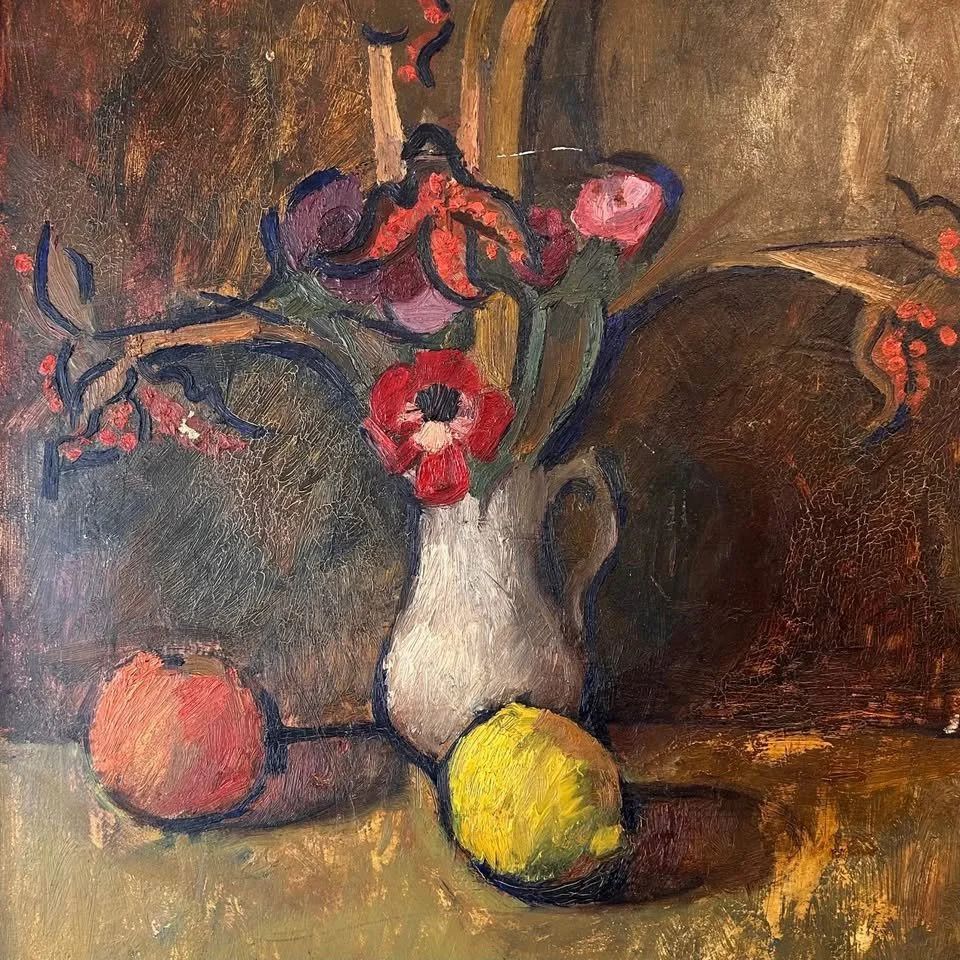 Slade School Floral & Fruit Still Life Painting photo vintage