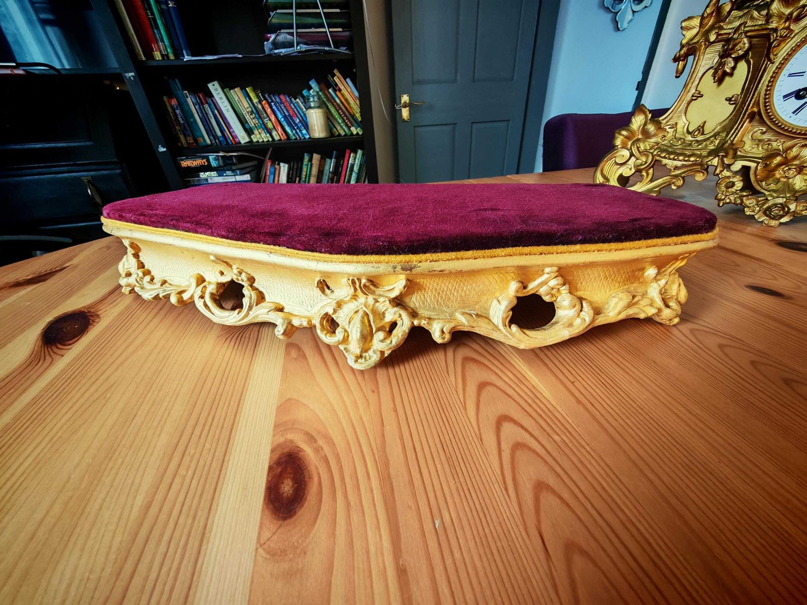 photo for sale Antique 19th Century Gilt Ormolu Pendulum Clock With Gilded And Burgundy Velvet Base. Restored.