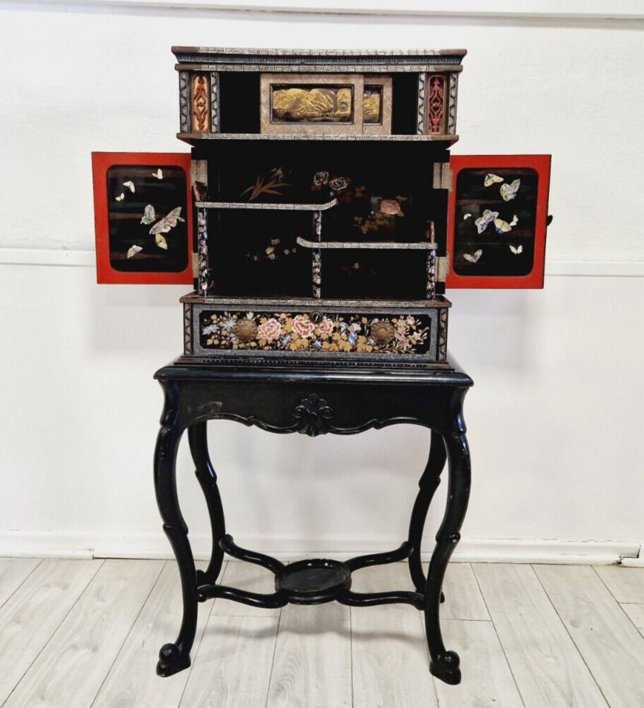 Antique Japanese Cabinet 19th Century Lacquered Mother Of Pearl 1850
