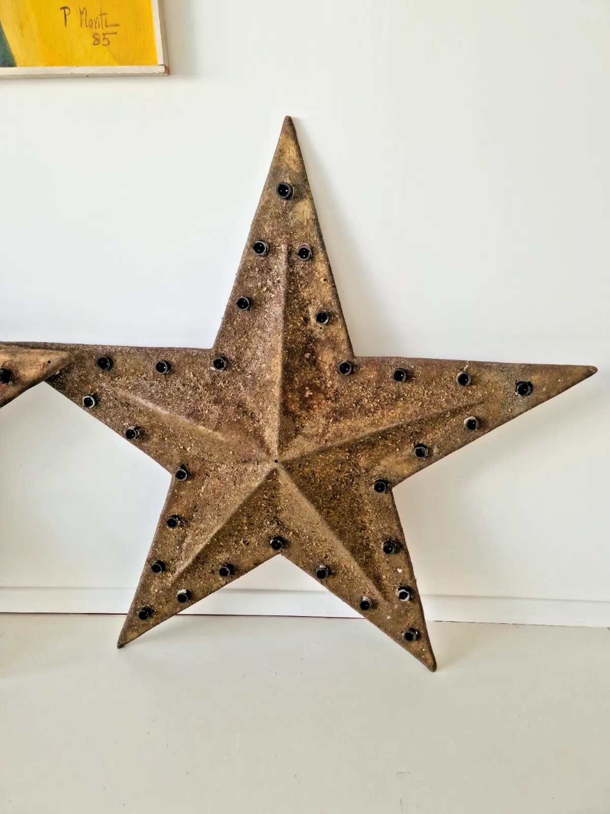 Pair Of Vintage Industrial Marquee Star Wall Lights Distressed Gold Finish 1960s photo vintage
