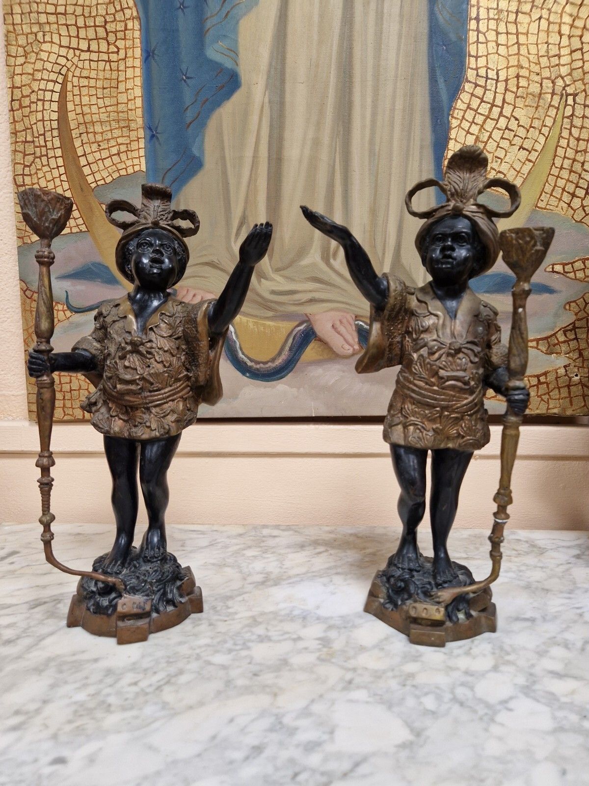 Pair Of Antique Candlesticks Bronze Venetian Sculptures