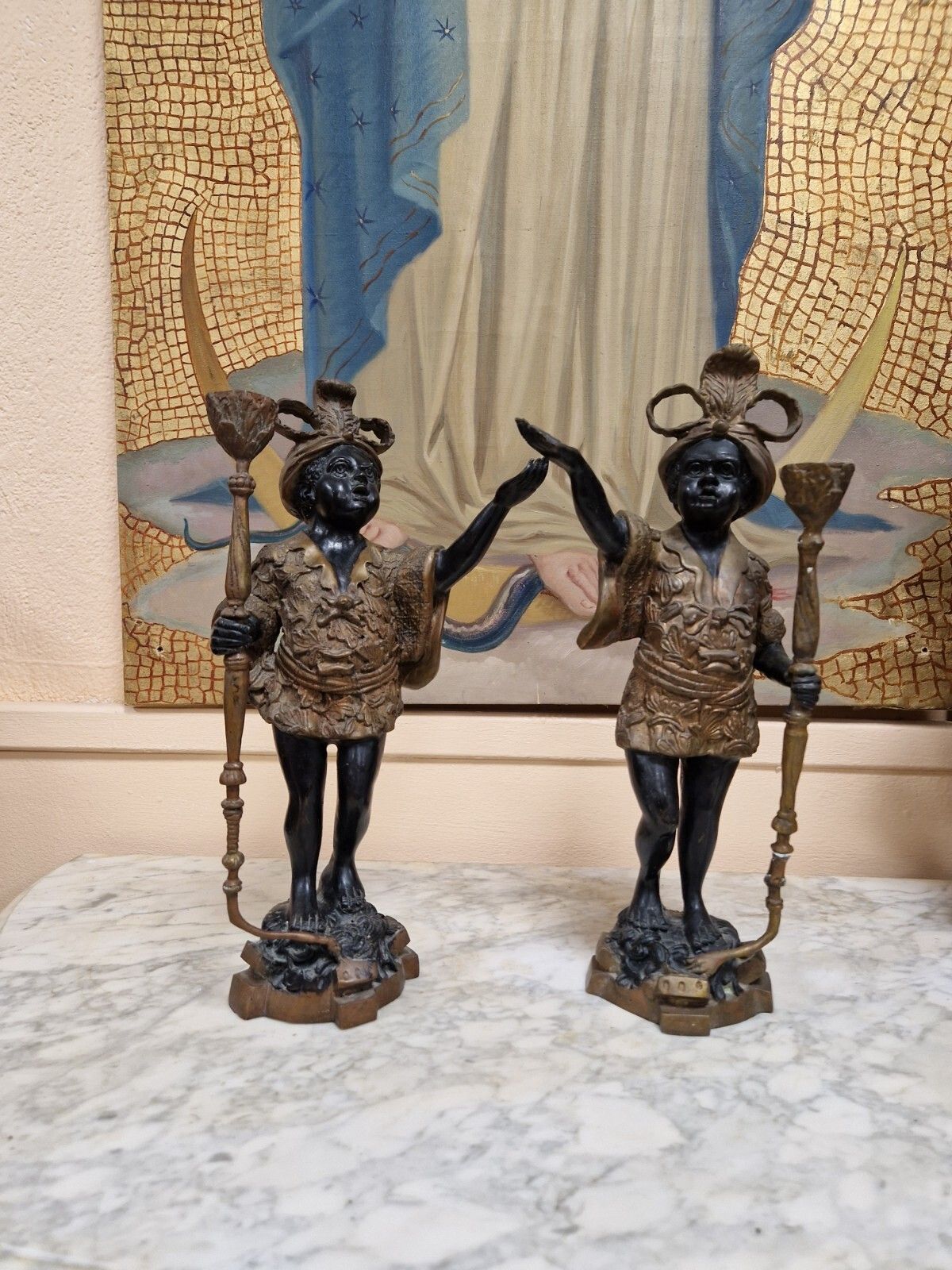 638.0 Pair Of Antique Candlesticks Bronze Venetian Sculptures photo