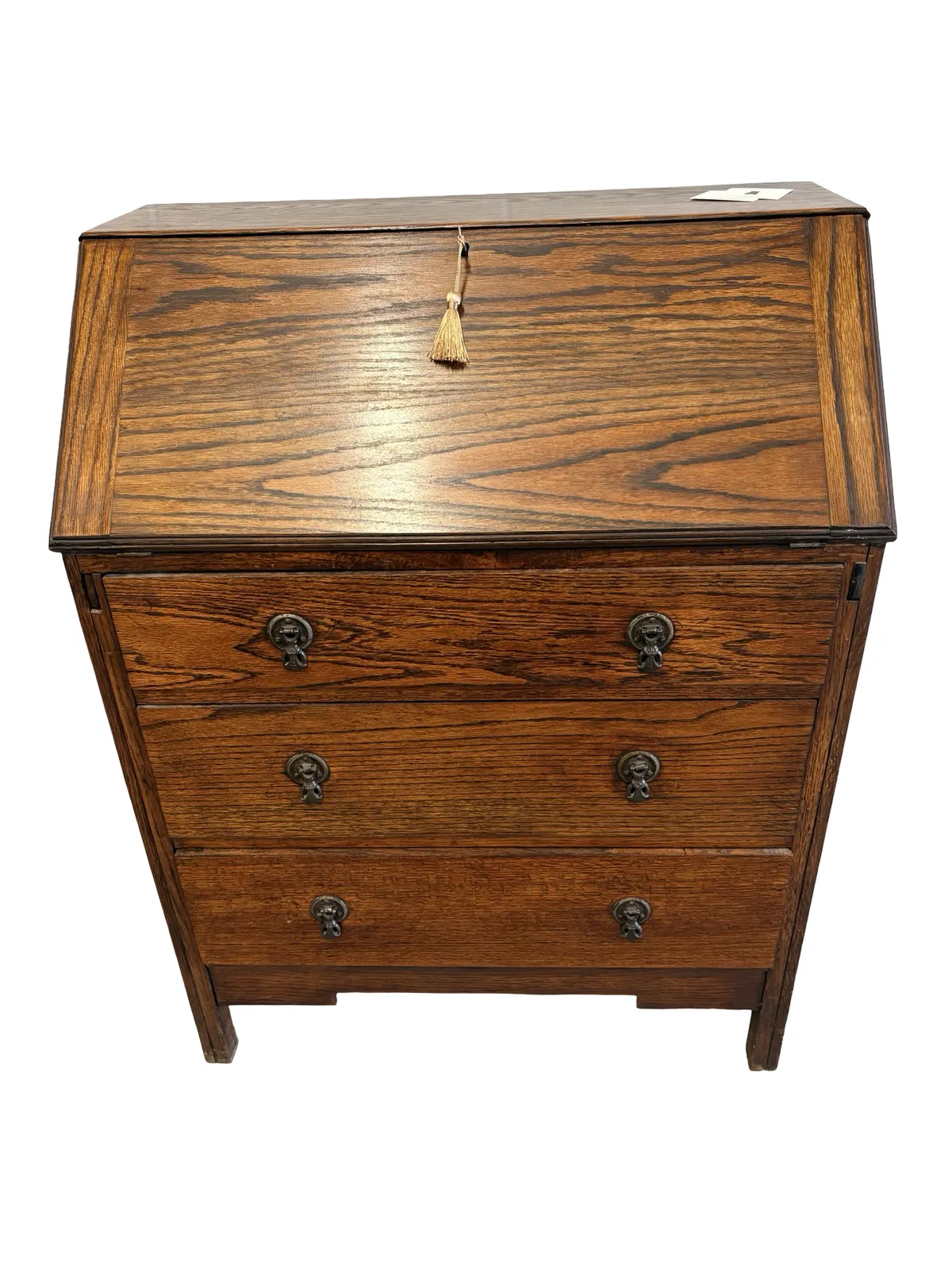 Early 20th Century Vintage Fold Down Oak Bureau Writing Desk Drawers & Key photo furniture
