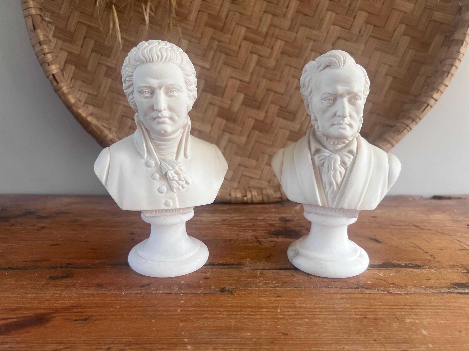 Vintage A. Giannelli Alabaster Busts   Mozart & Wagner Set | Italian Carved Composer Statues | Neo Classical Hollywood Regency Dark Academia photo for sale