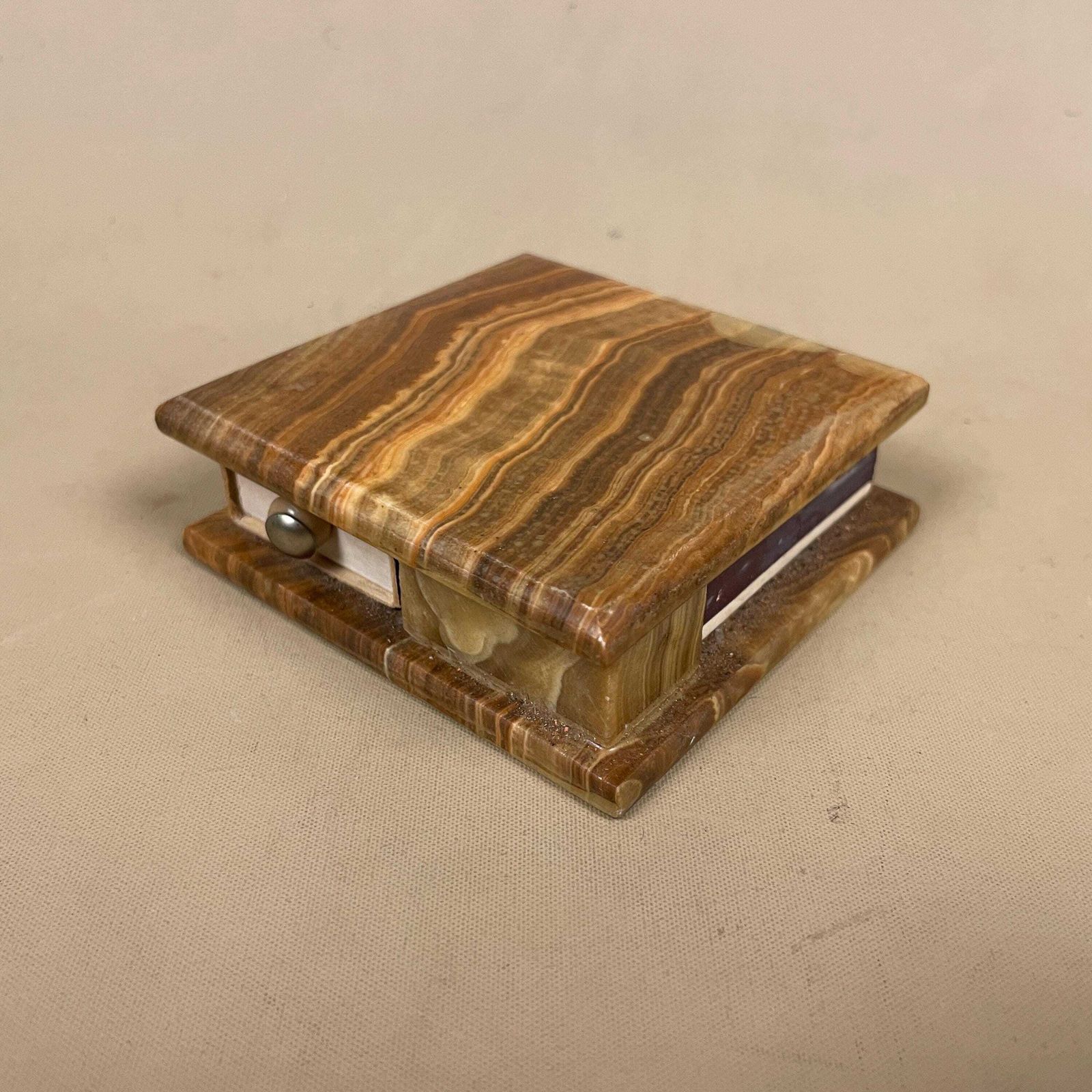 Onyx Marble Match Box Holder Vintage Carved Stone 2x Drawer Match Holder Brown Mid Century Desk Table Display photo 55.0