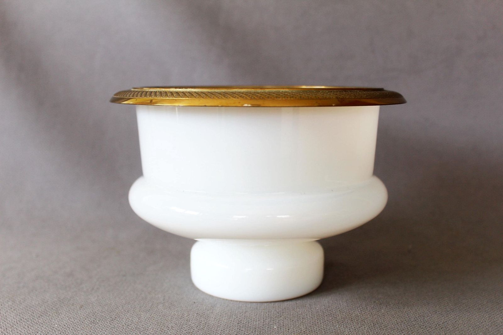 photo furniture Large Antique White Opaline Glass Bowl, Brass Engraved Ormolu Gild Color Rim, Art Glass, Orange Tint, Pedestal, Centerpiece, Ice Bowl
