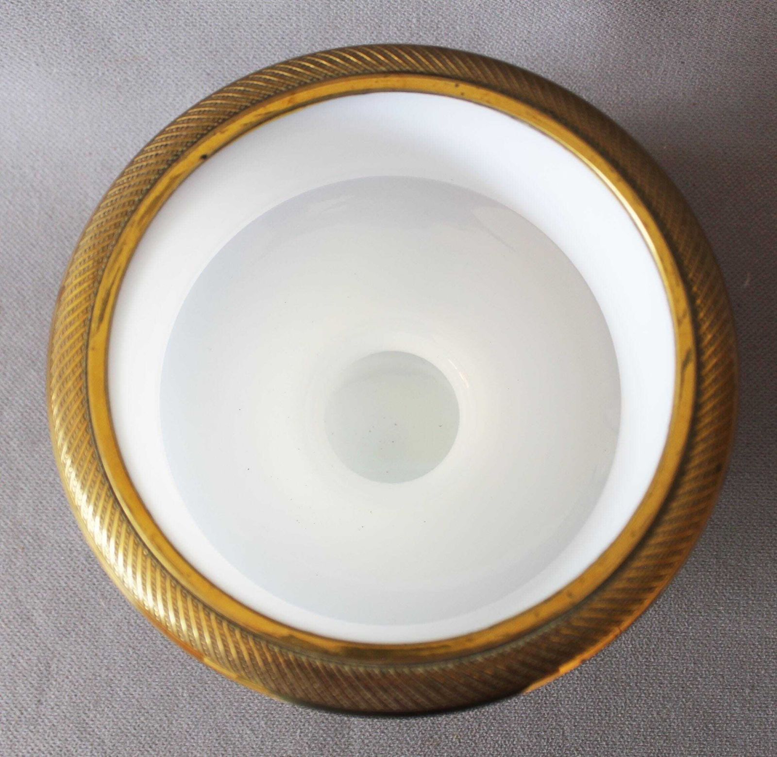 photo vintage Large Antique White Opaline Glass Bowl, Brass Engraved Ormolu Gild Color Rim, Art Glass, Orange Tint, Pedestal, Centerpiece, Ice Bowl