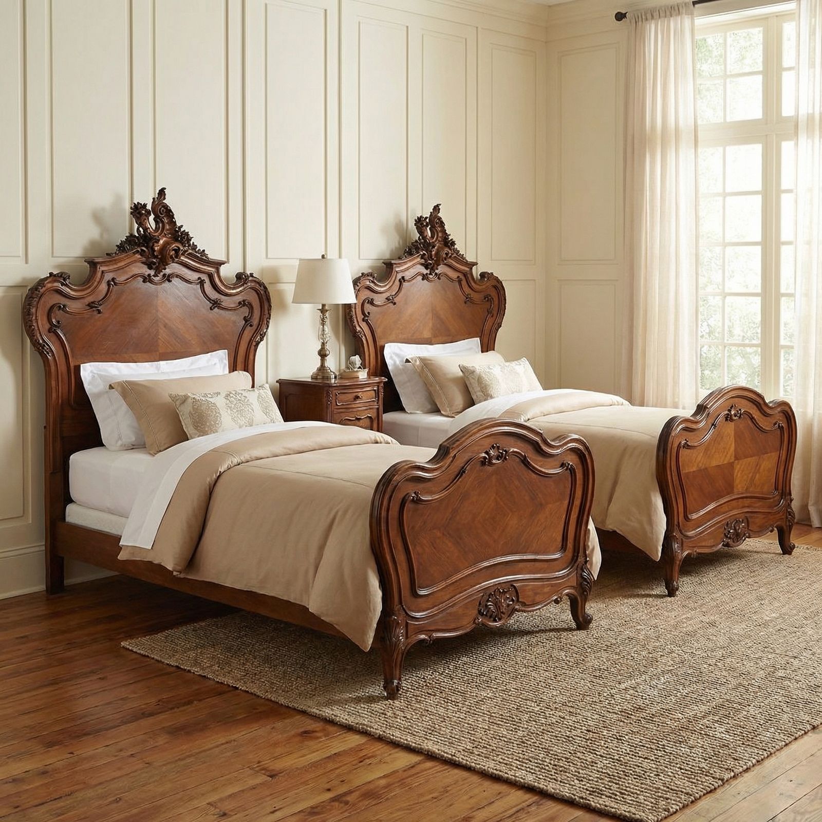 Pair Of Carved Walnut Single Beds