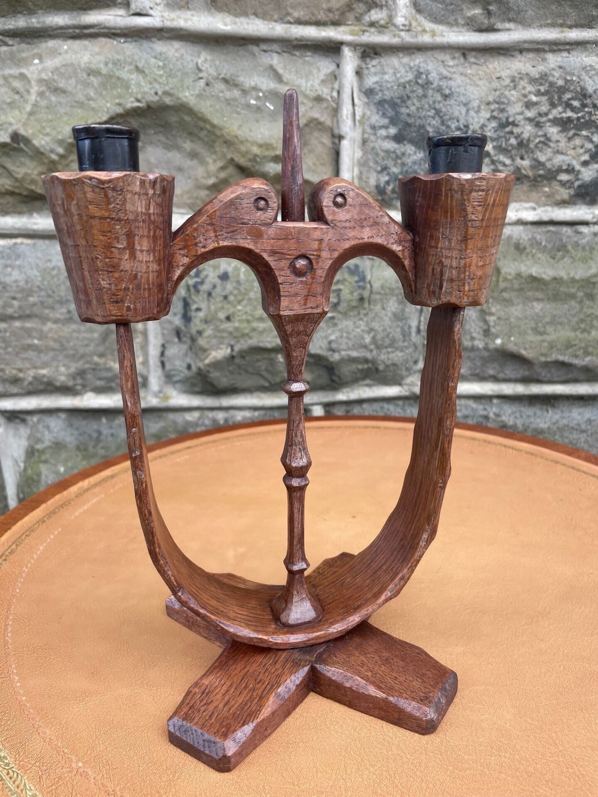 Unusual Adzed Oak Candle Stick Manner Robert Mouseman Thompson photo furniture