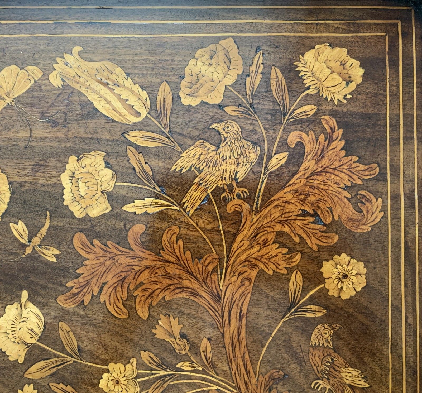 photo for sale 18th Century Dutch Marquetry Silver Top Table Flowers & Birds Rococo Queen Anne