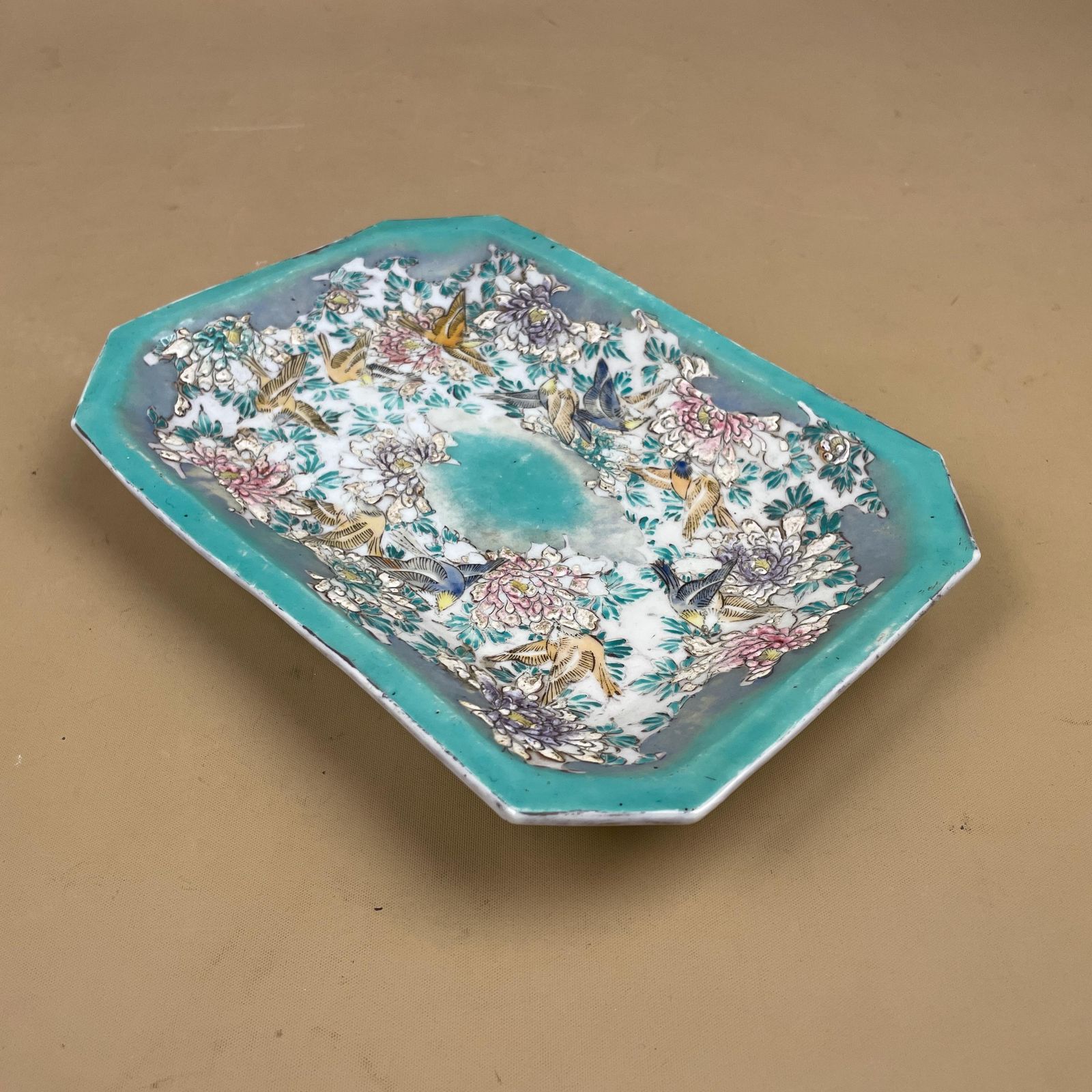 Japanese Bird Floral Octagonal Plate Hand Painted Kutani Style Green Dish Ceramic Porcelain