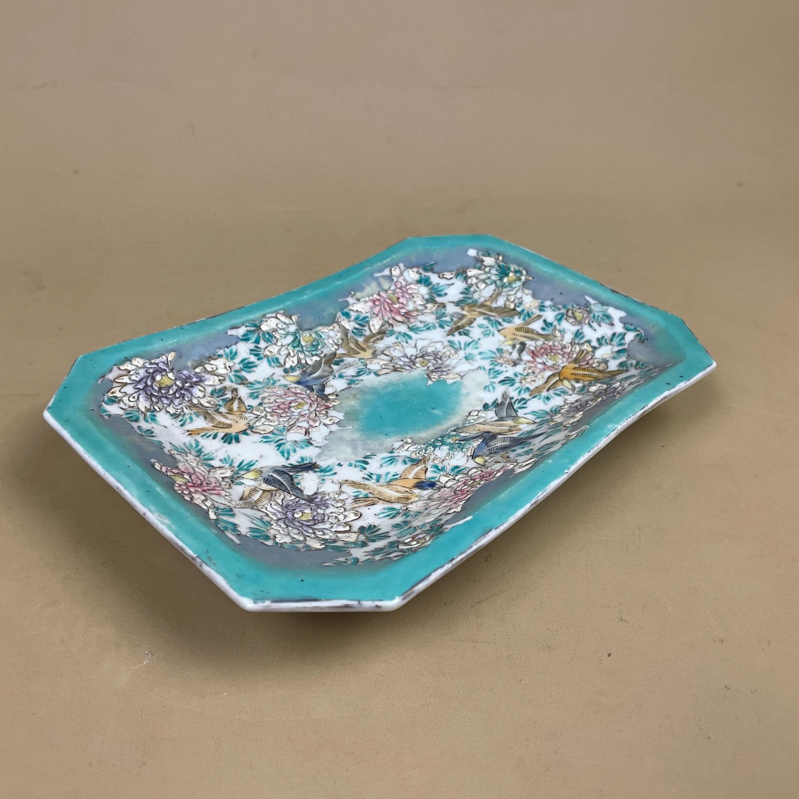 Home Decor Japanese Bird Floral Octagonal Plate Hand Painted Kutani Style Green Dish Ceramic Porcelain photo