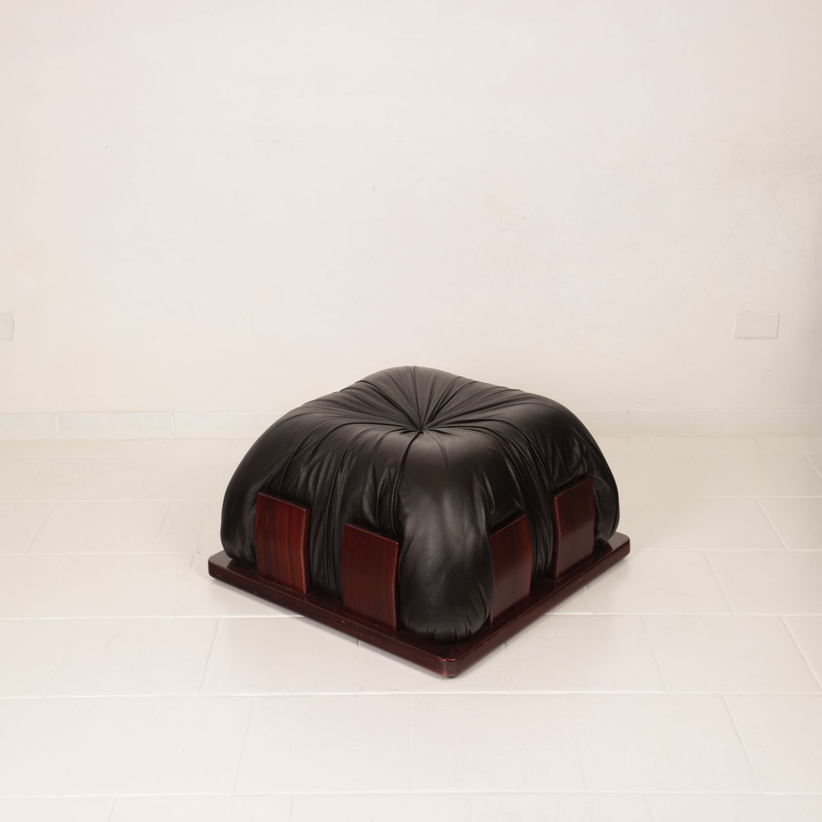Dragone Pouf In Leather And Padouk By Luciano Frigerio For Frigerio Di Desio.