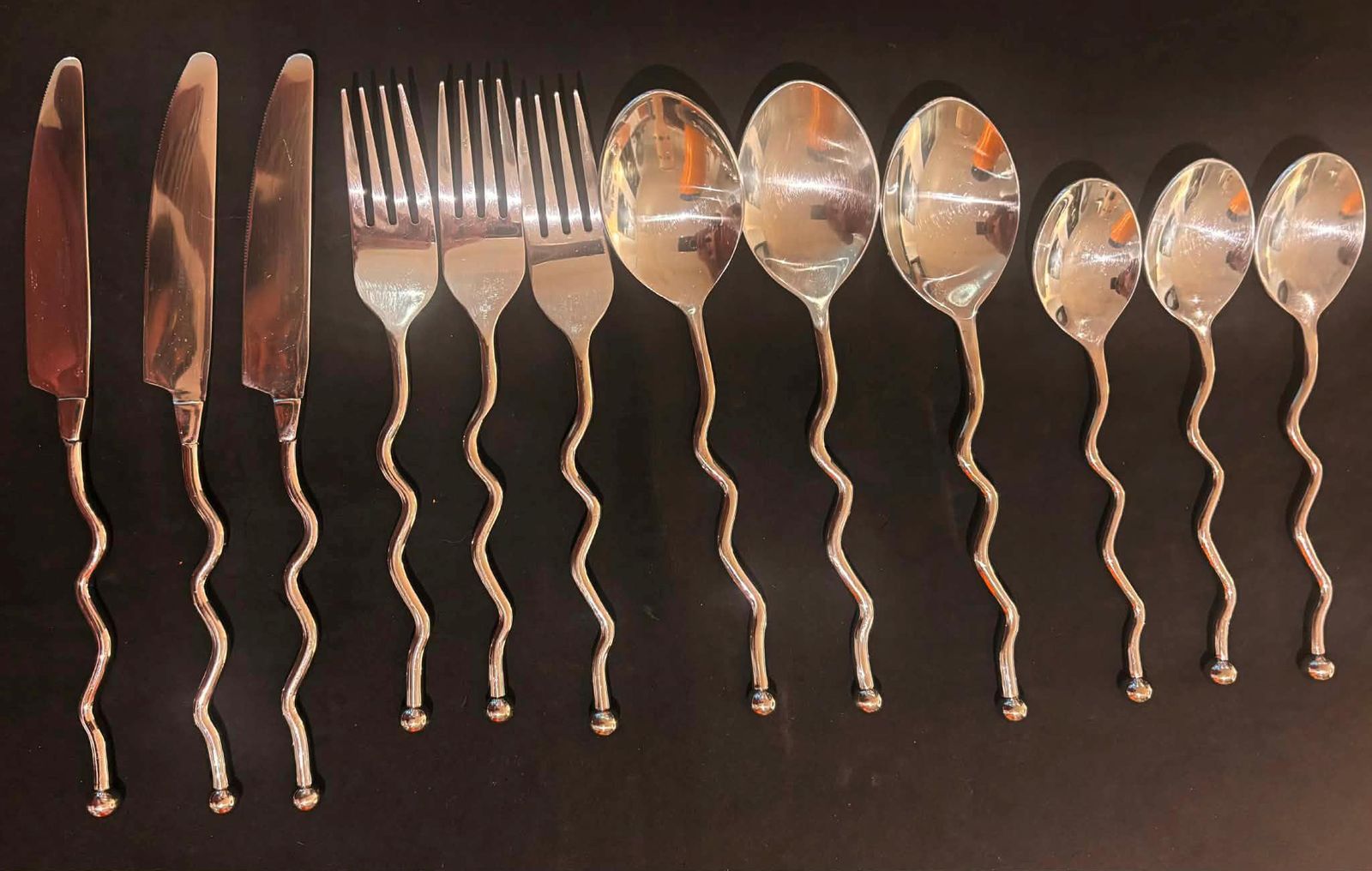 Twisted Stainless Steel Flatware Set, French Brutalist Medieval Style, 12 Pieces photo vintage
