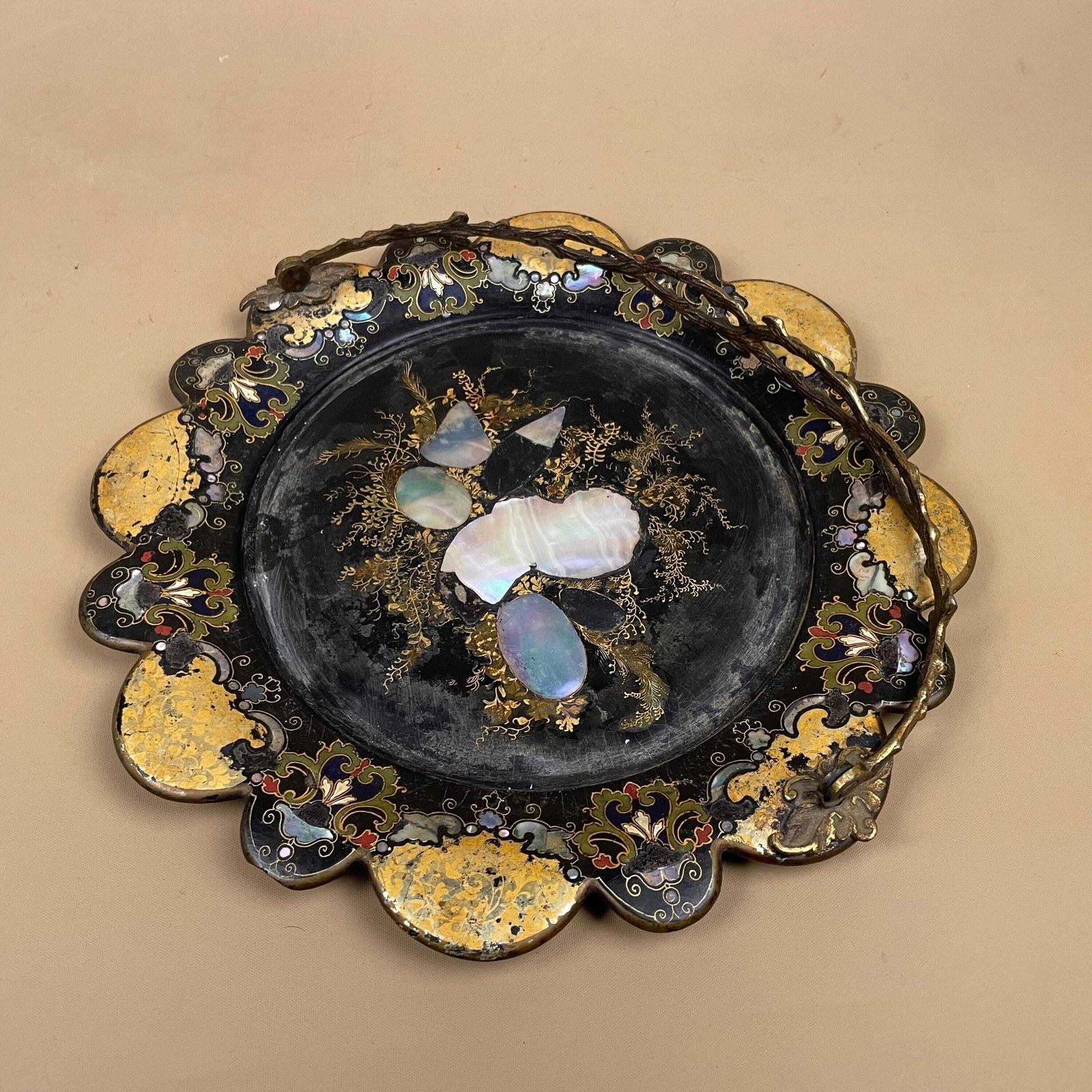 Home Decor Victorian Papier Mâché Tray Mother Of Pearl Black Gold Floral Metal Handle Scalloped Edge Display Piece photo
