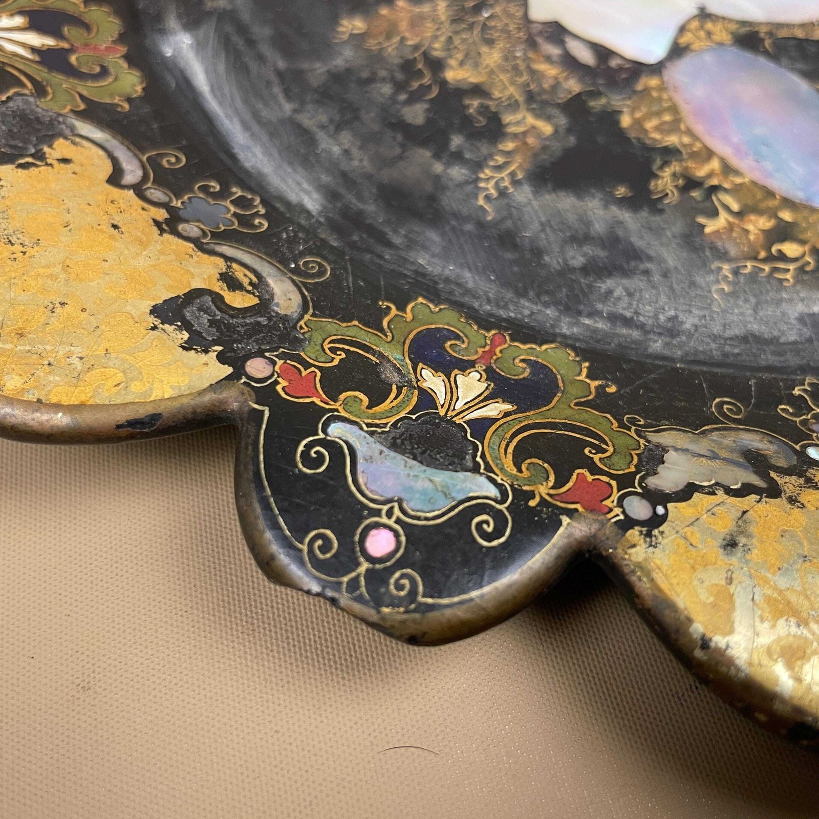85.0 Victorian Papier Mâché Tray Mother Of Pearl Black Gold Floral Metal Handle Scalloped Edge Display Piece photo