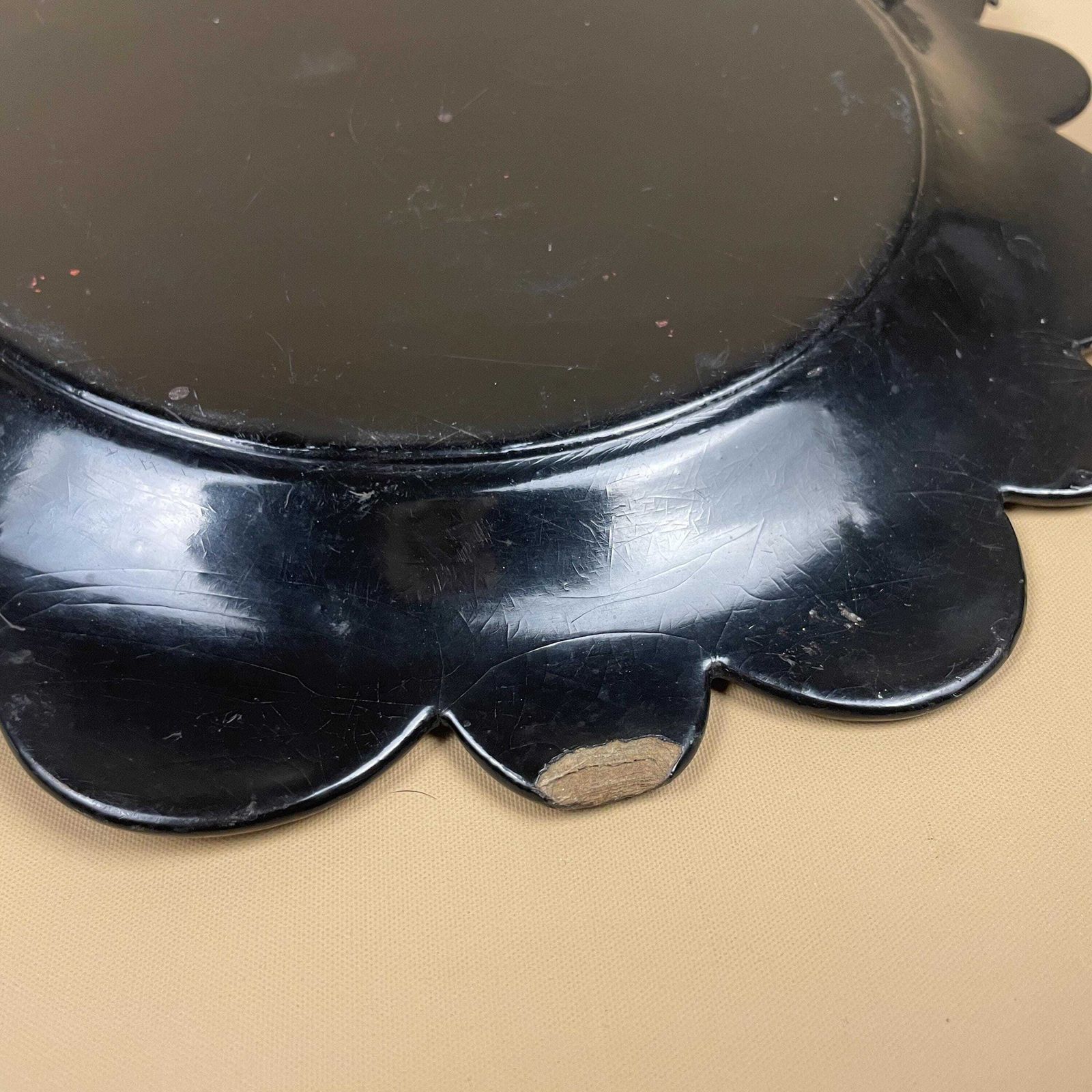 photo buy Victorian Papier Mâché Tray Mother Of Pearl Black Gold Floral Metal Handle Scalloped Edge Display Piece