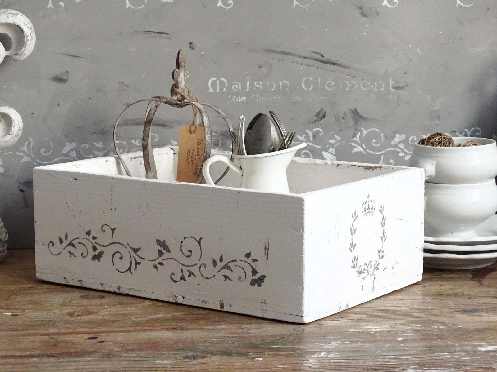 Distressed White Wood Crate: French Country Shabby Chic Storage Box