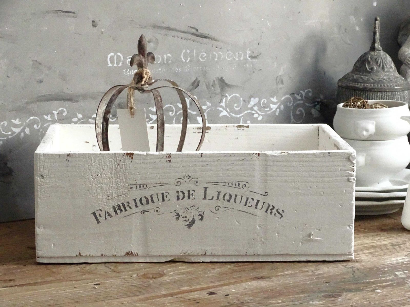 Distressed White Wood Crate: French Country Shabby Chic Storage Box photo for sale