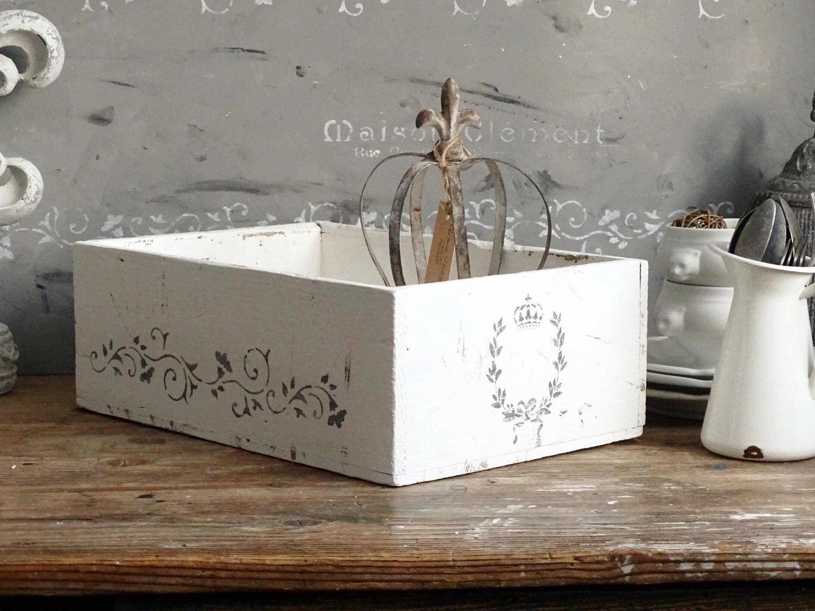 Distressed White Wood Crate: French Country Shabby Chic Storage Box photo 45.0