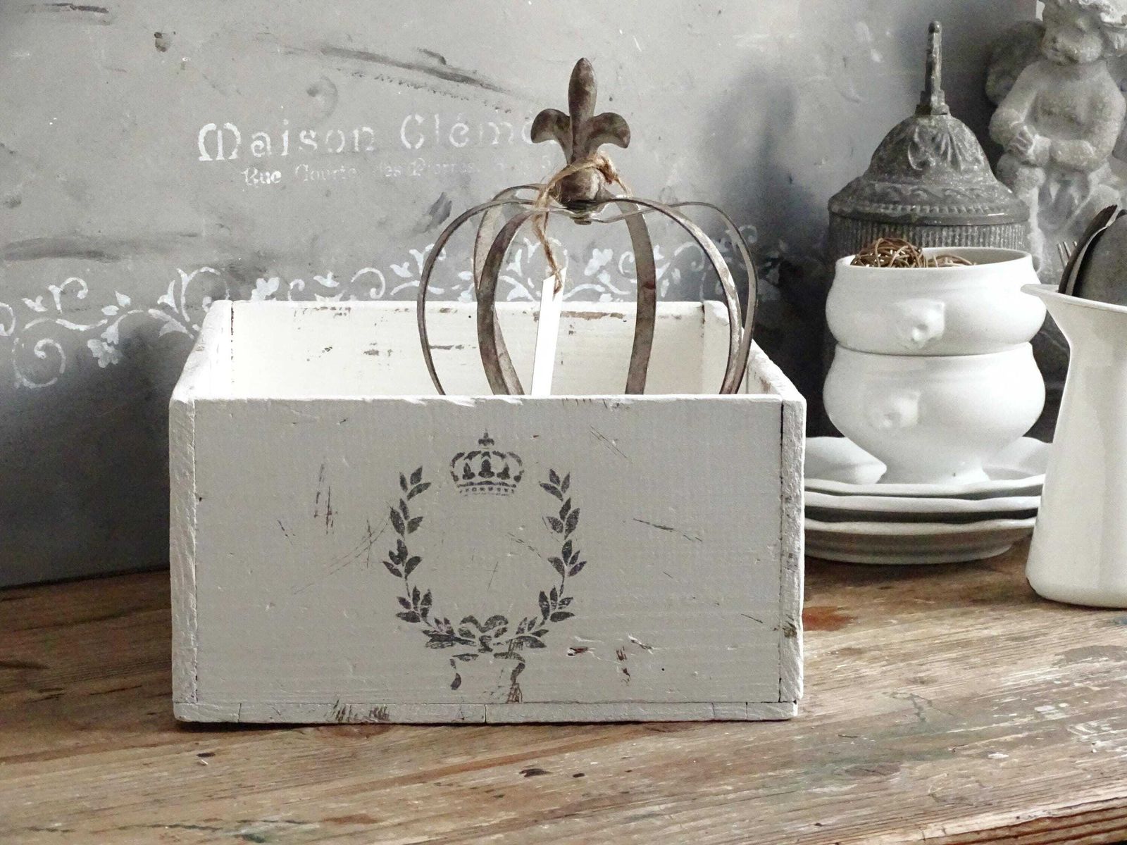 Distressed White Wood Crate: French Country Shabby Chic Storage Box photo vinterior