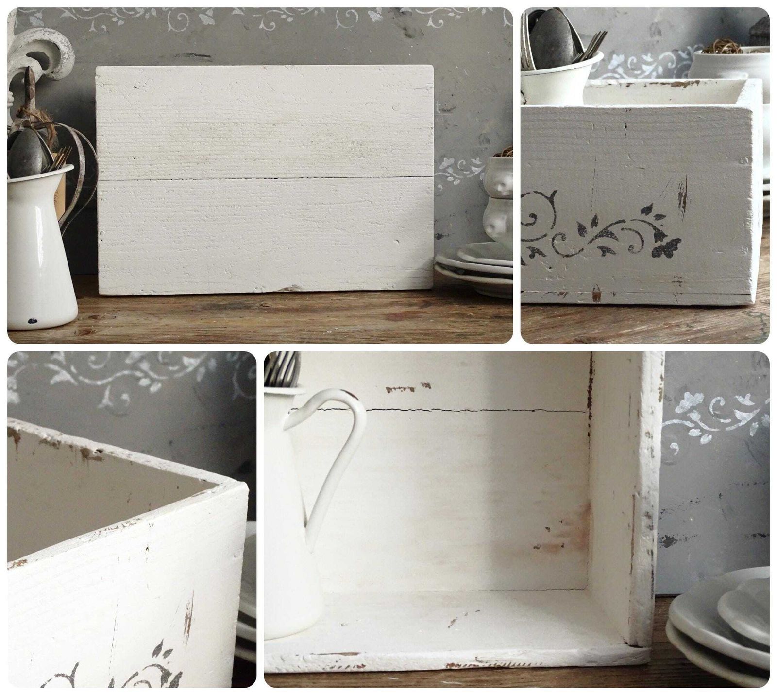 photo for sale Distressed White Wood Crate: French Country Shabby Chic Storage Box