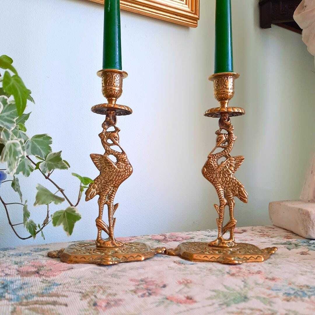Antique Victorian Brass Heron Birds Candleholders Pair